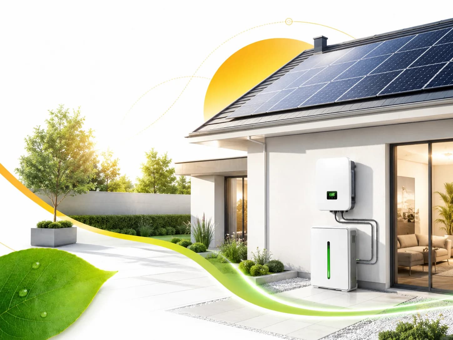 Residential solar system with rooftop panels, inverter, and battery backup